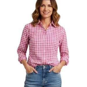 J. McLaughlin Pink and White Gingham Plaid Button Down Shirt Size 4